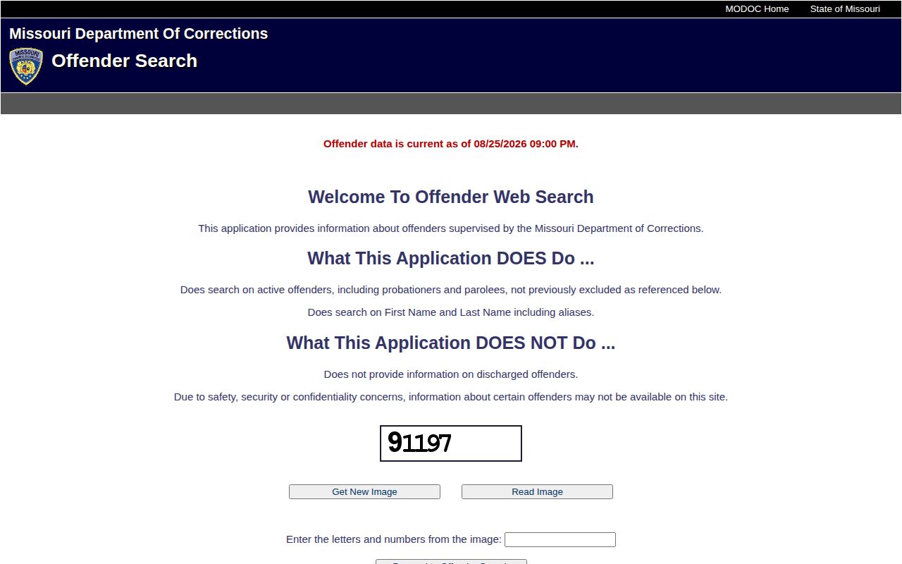 Missouri Department of Corrections offender search page