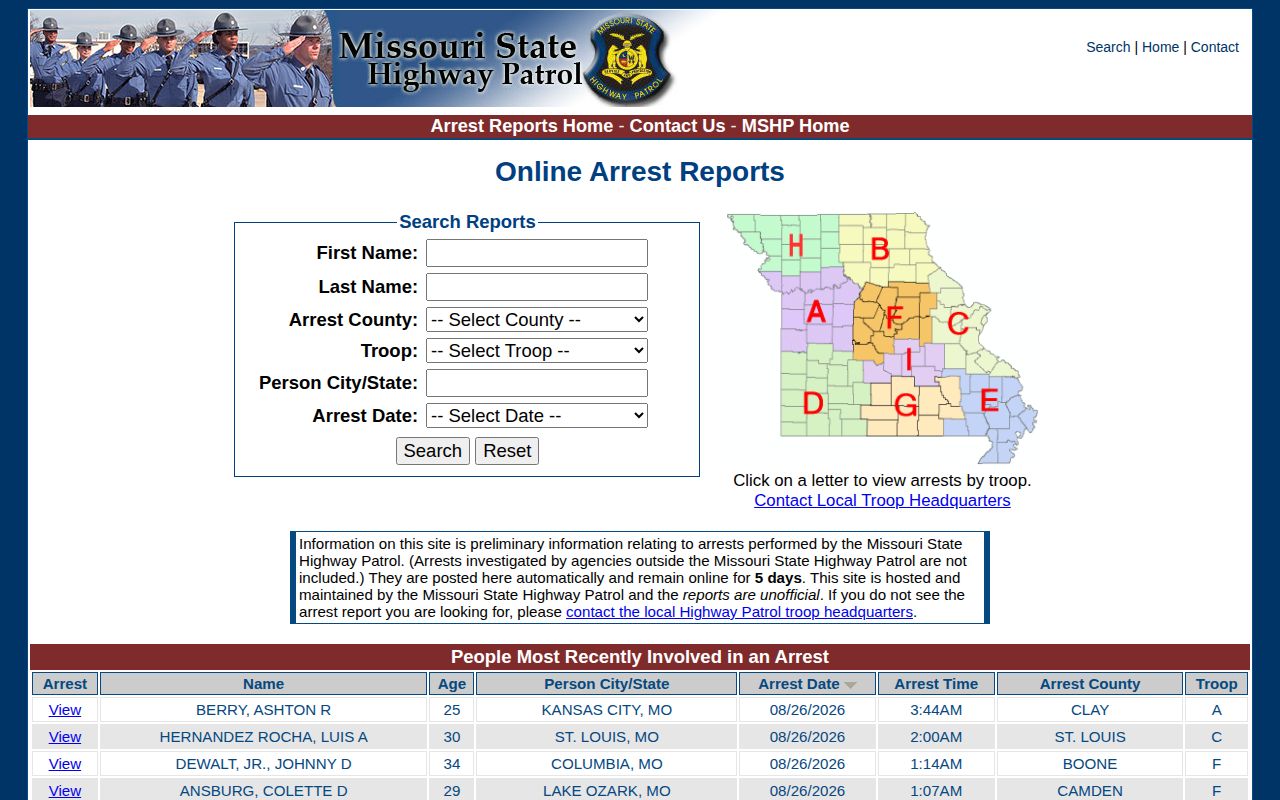 Missouri State Highway Patrol arrest reports search interface